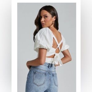 NWOT Showpo White Puff Sleeve Tie-Back Crop